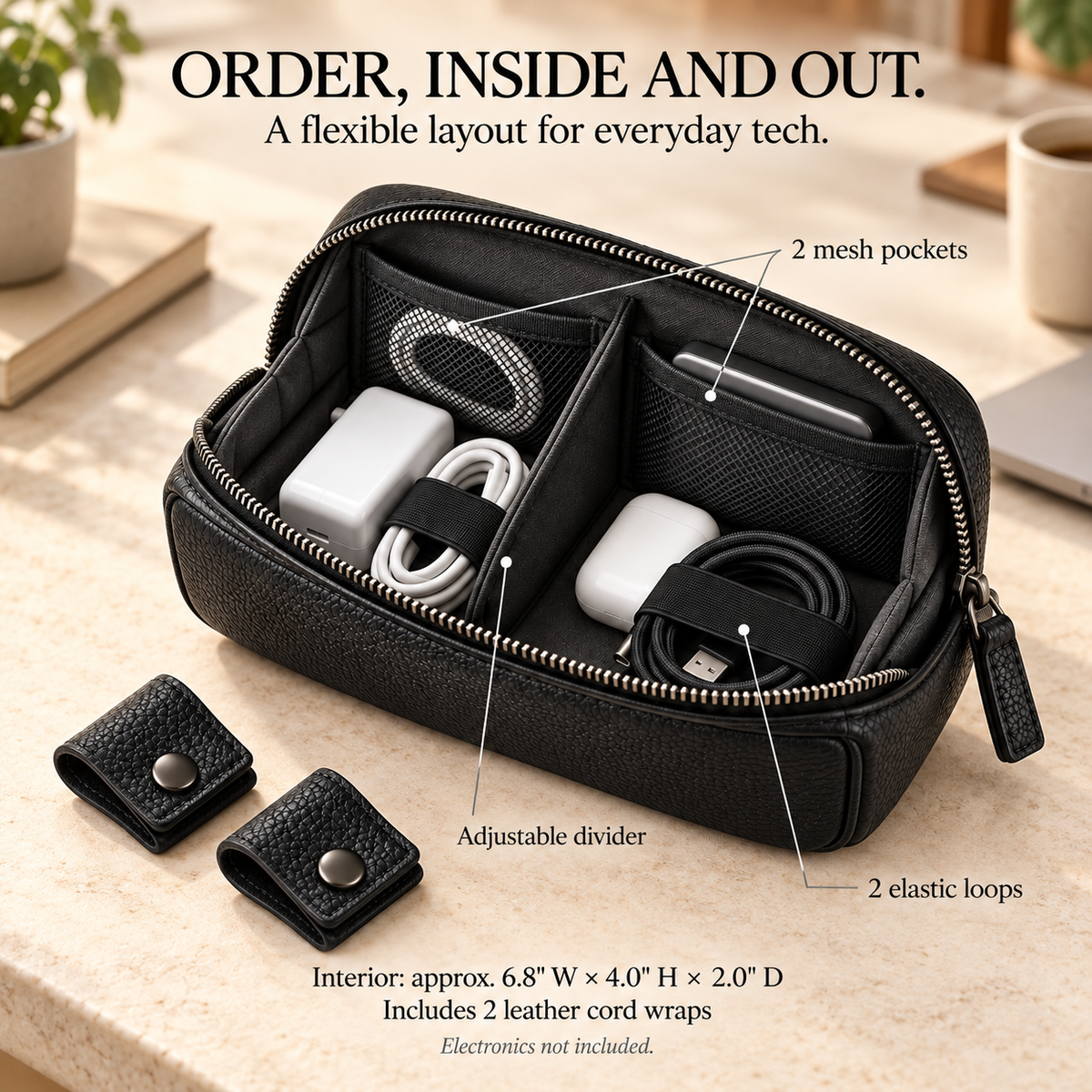 NOVEKIS™ Relay Leather Tech Organizer — Compact Cable Pouch with Divider and Cord Wraps