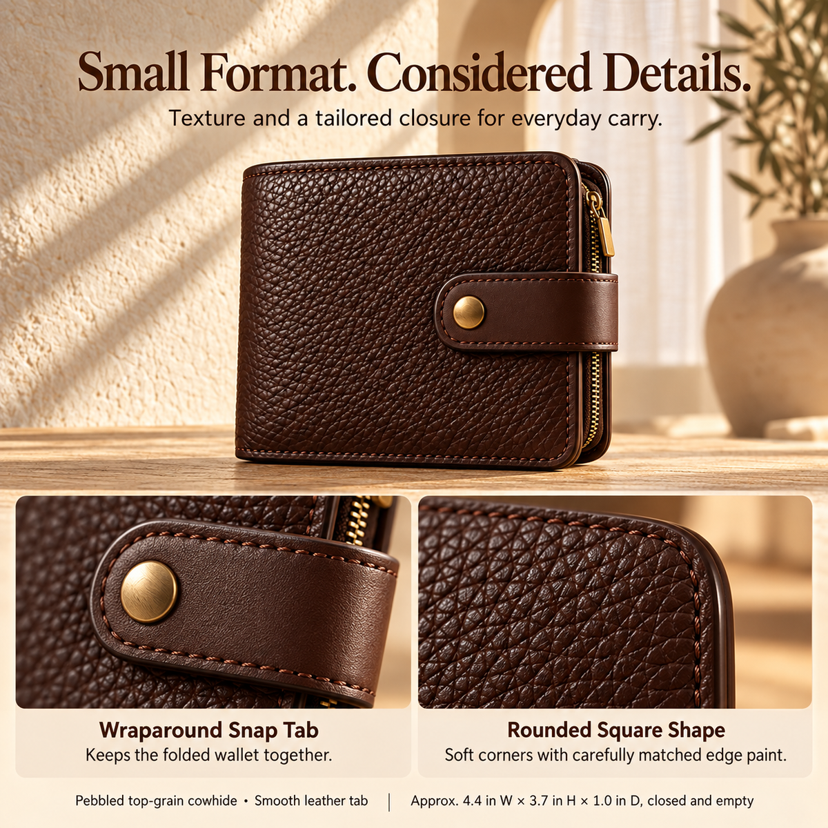 NOVEKIS™ Morrow Compact Leather Wallet — Small Bifold with Snap Closure and Coin Pocket