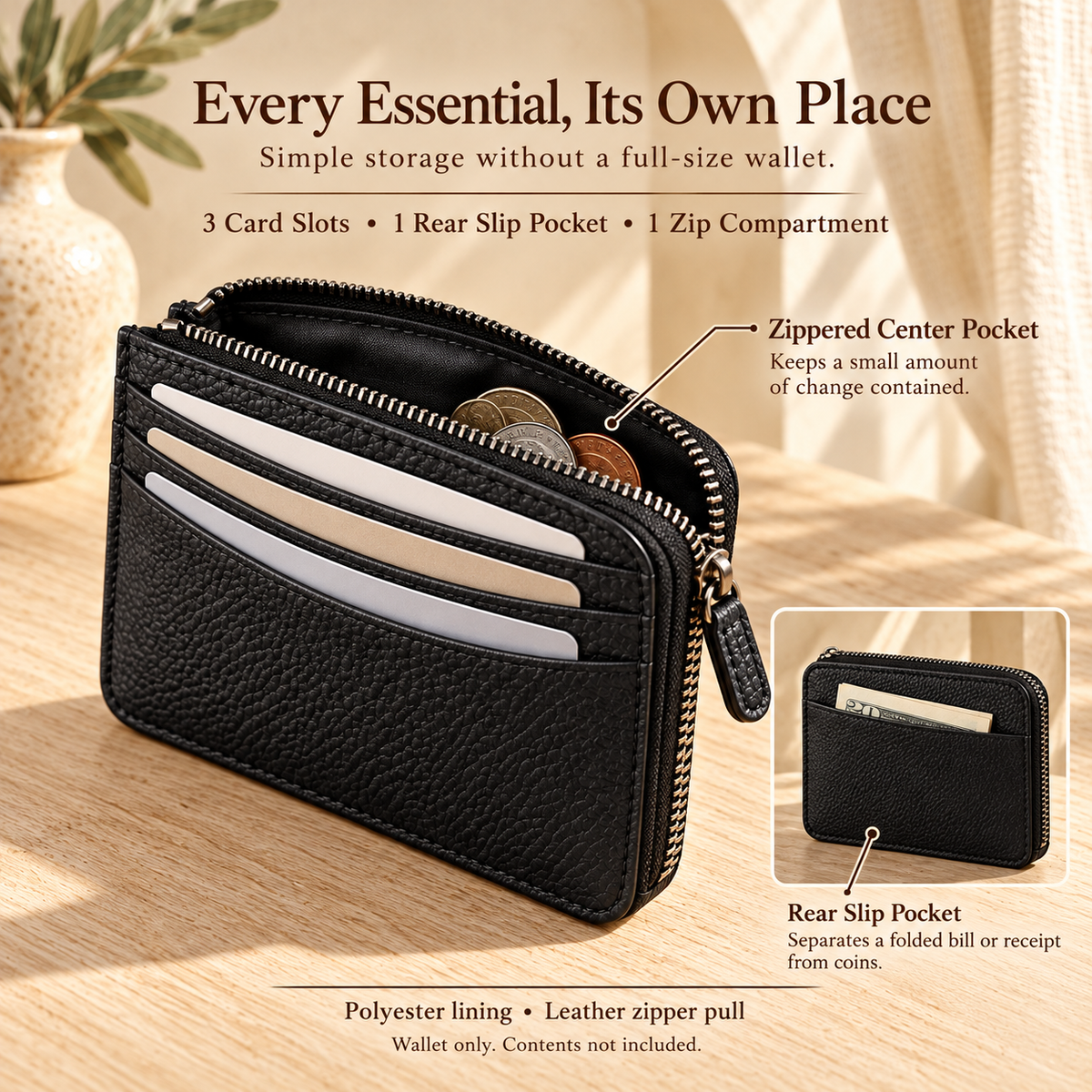 NOVEKIS™ Orven Leather Zip Card Wallet — Compact Card Case with Coin Pocket