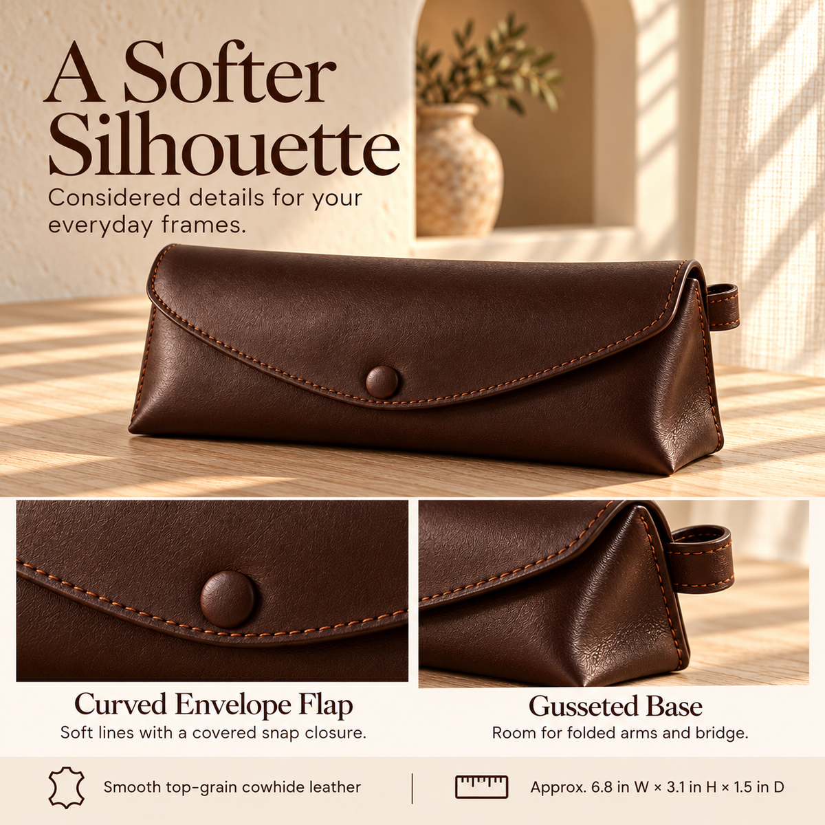 NOVEKIS™ Aven Leather Glasses Sleeve — Soft Eyeglass Case with Curved Snap Flap