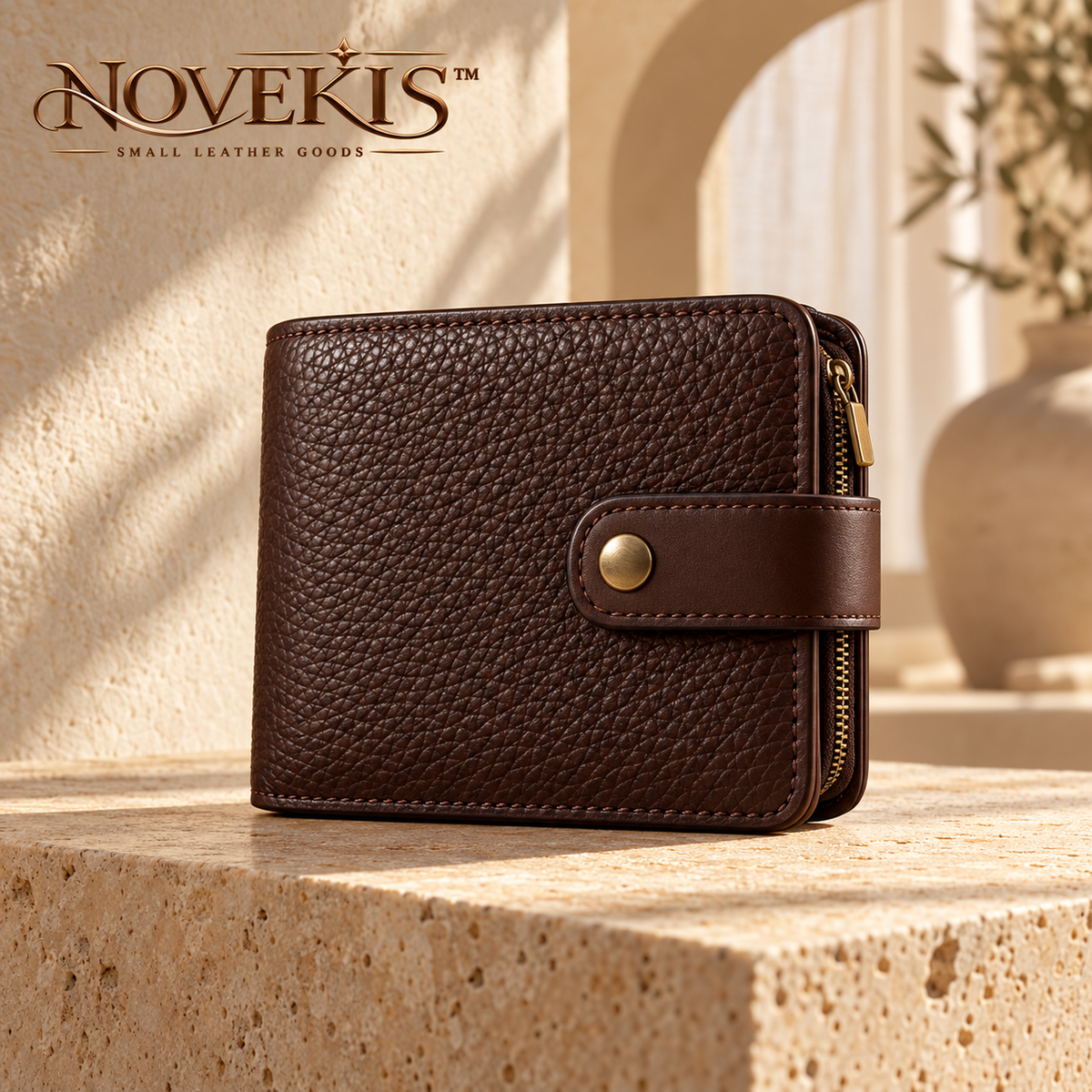 NOVEKIS™ Morrow Compact Leather Wallet — Small Bifold with Snap Closure and Coin Pocket