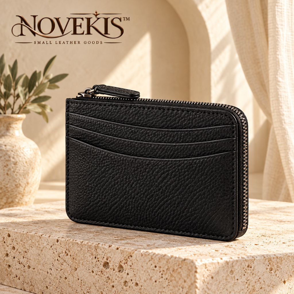 NOVEKIS™ Orven Leather Zip Card Wallet — Compact Card Case with Coin Pocket