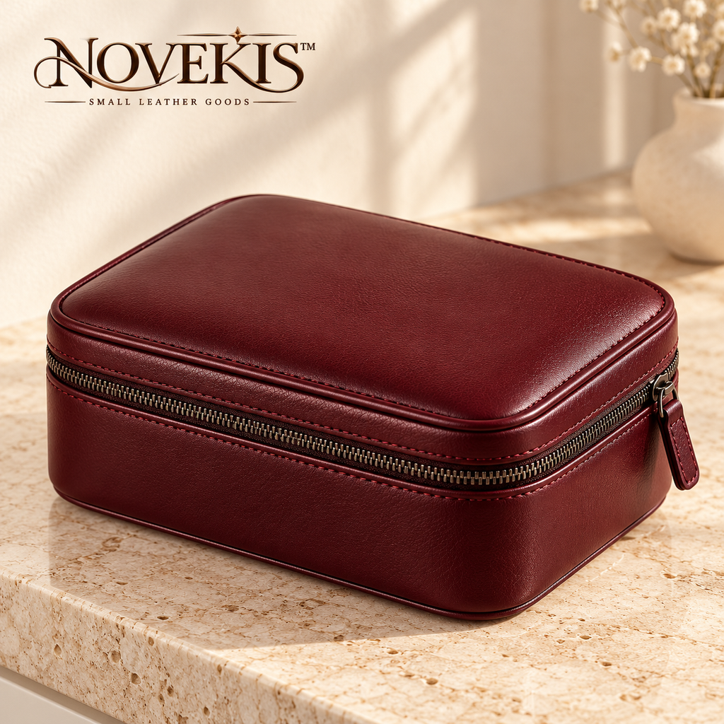 NOVEKIS™ Nera Leather Travel Jewelry Case — Compact Zip Organizer for Rings, Earrings and Necklaces