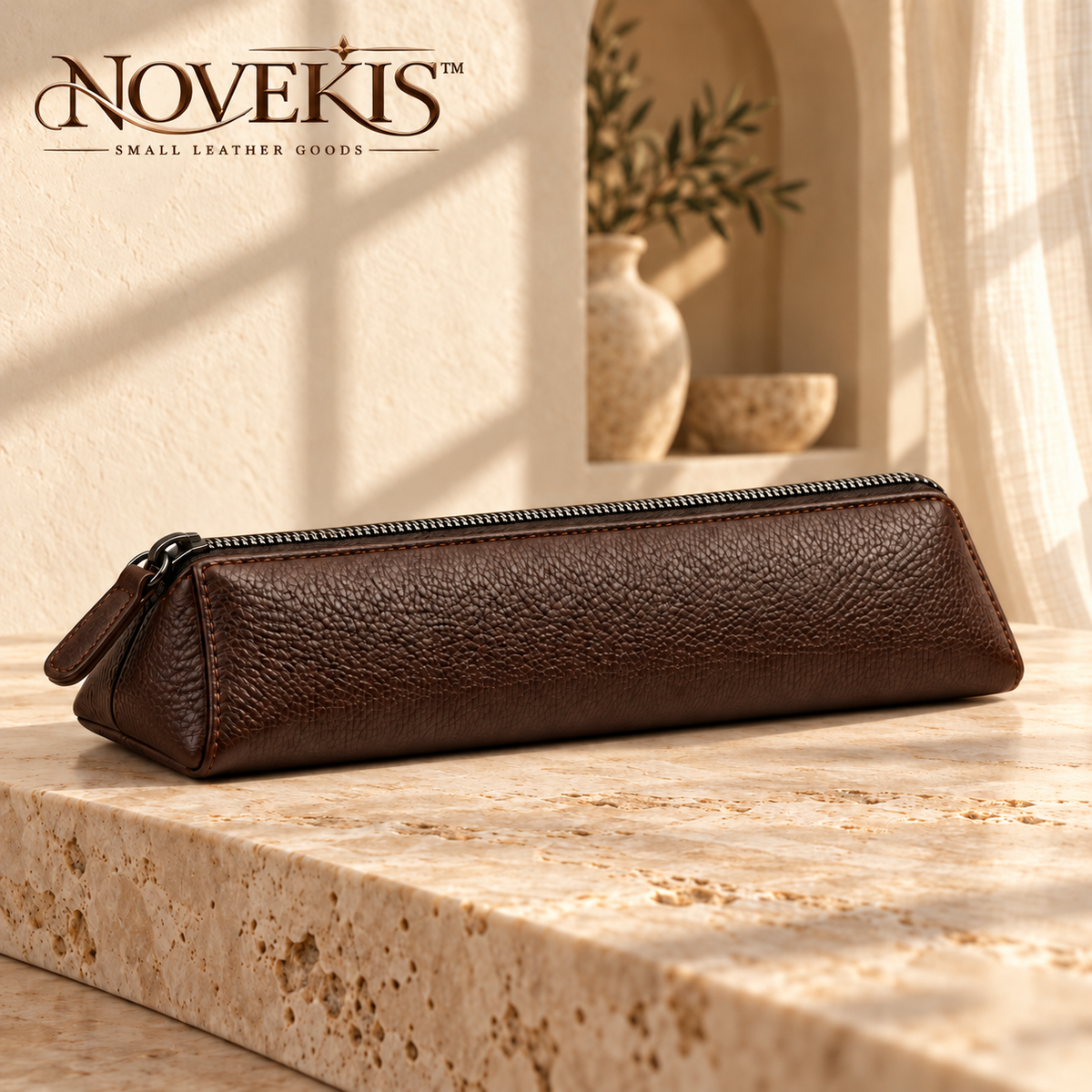 NOVEKIS™ Rill Leather Pen Pouch — Slim Zipper Pencil Case with Flat-Base Design