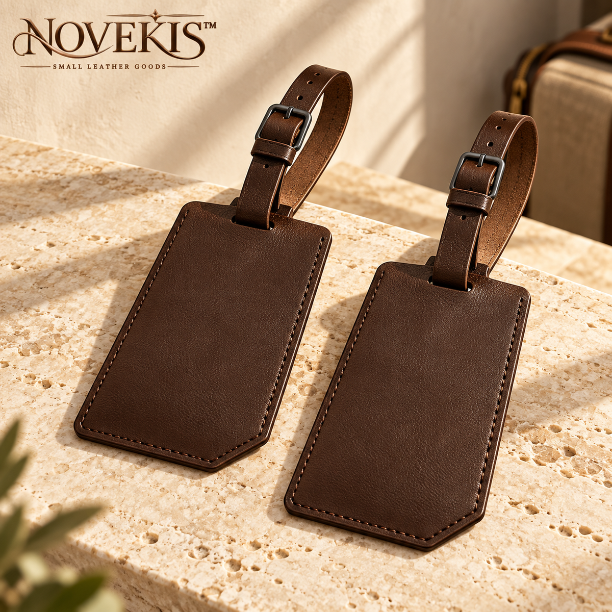 NOVEKIS™ Trace Leather Luggage Tag Set — 2 Bag Tags with Covered ID Windows