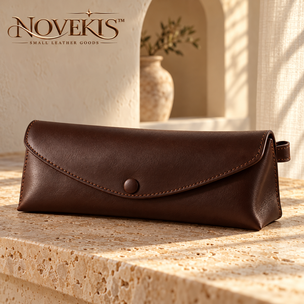 NOVEKIS™ Aven Leather Glasses Sleeve — Soft Eyeglass Case with Curved Snap Flap