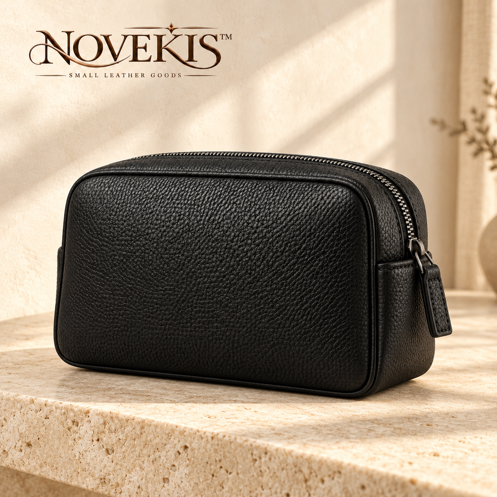 NOVEKIS™ Relay Leather Tech Organizer — Compact Cable Pouch with Divider and Cord Wraps