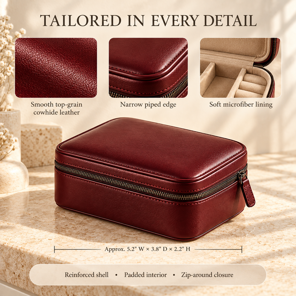 NOVEKIS™ Nera Leather Travel Jewelry Case — Compact Zip Organizer for Rings, Earrings and Necklaces
