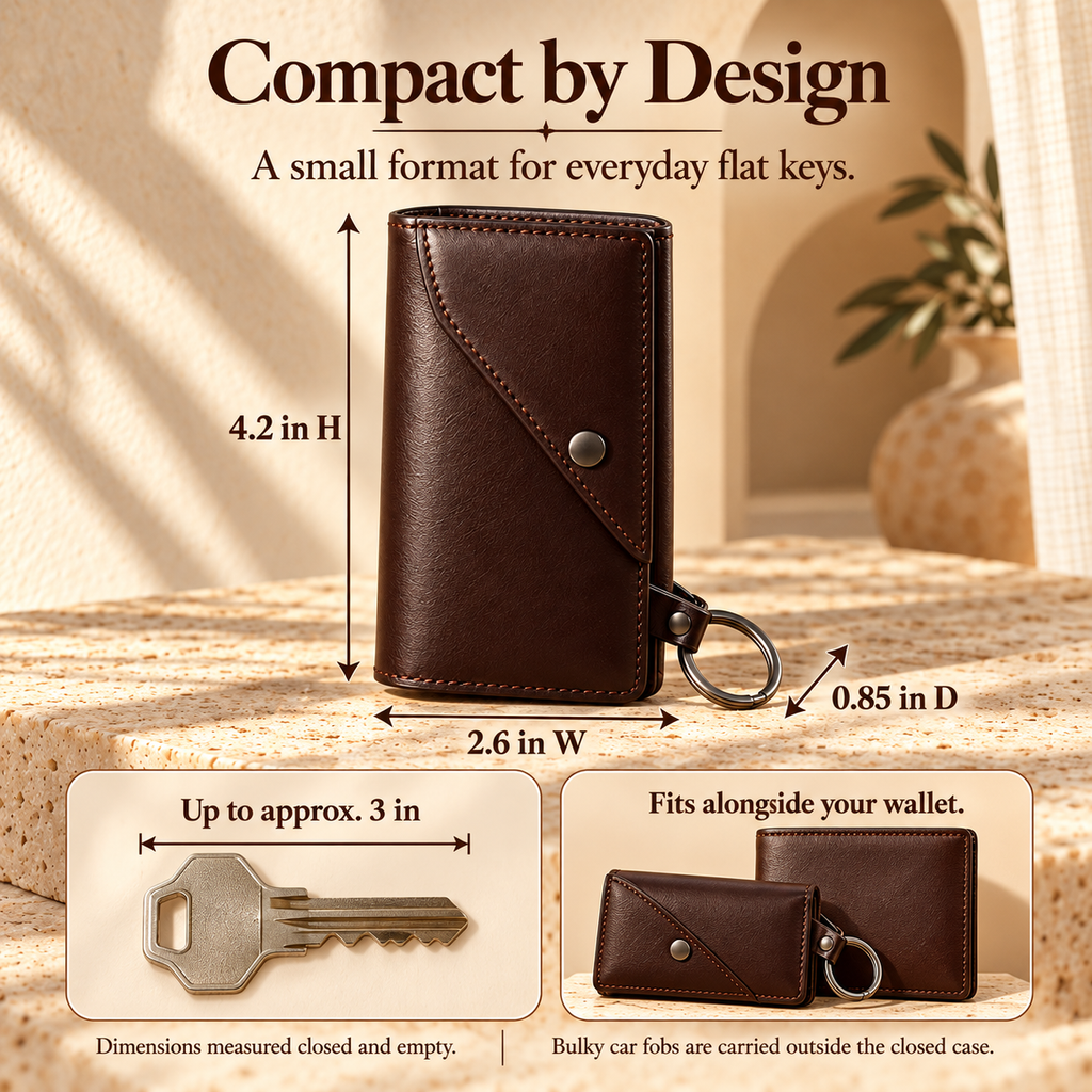 NOVEKIS™ Tern Leather Key Case — Snap Key Organizer with 4 Hooks and Detachable Ring