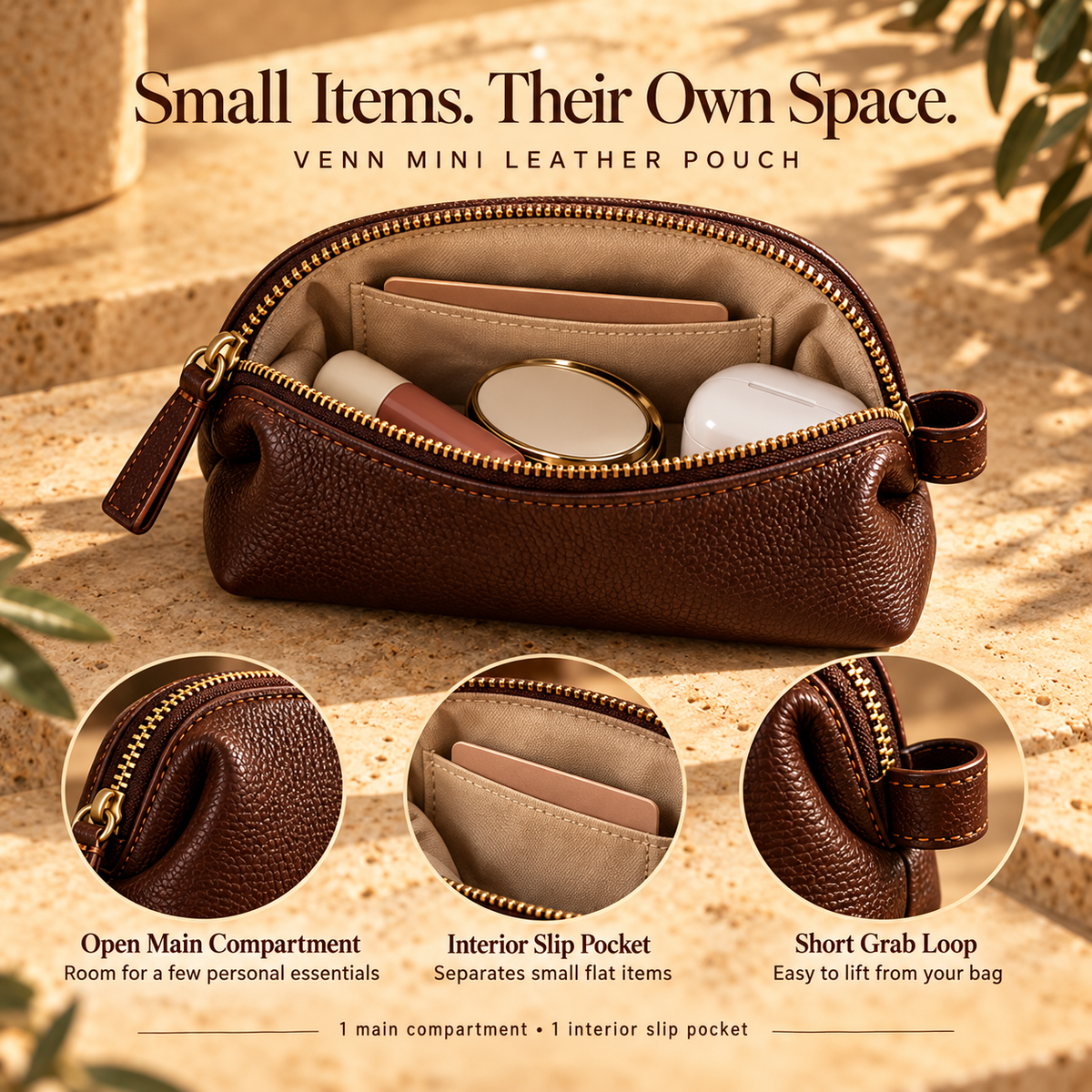 NOVEKIS™ Venn Mini Leather Pouch — Small Zip Organizer for Bag Essentials