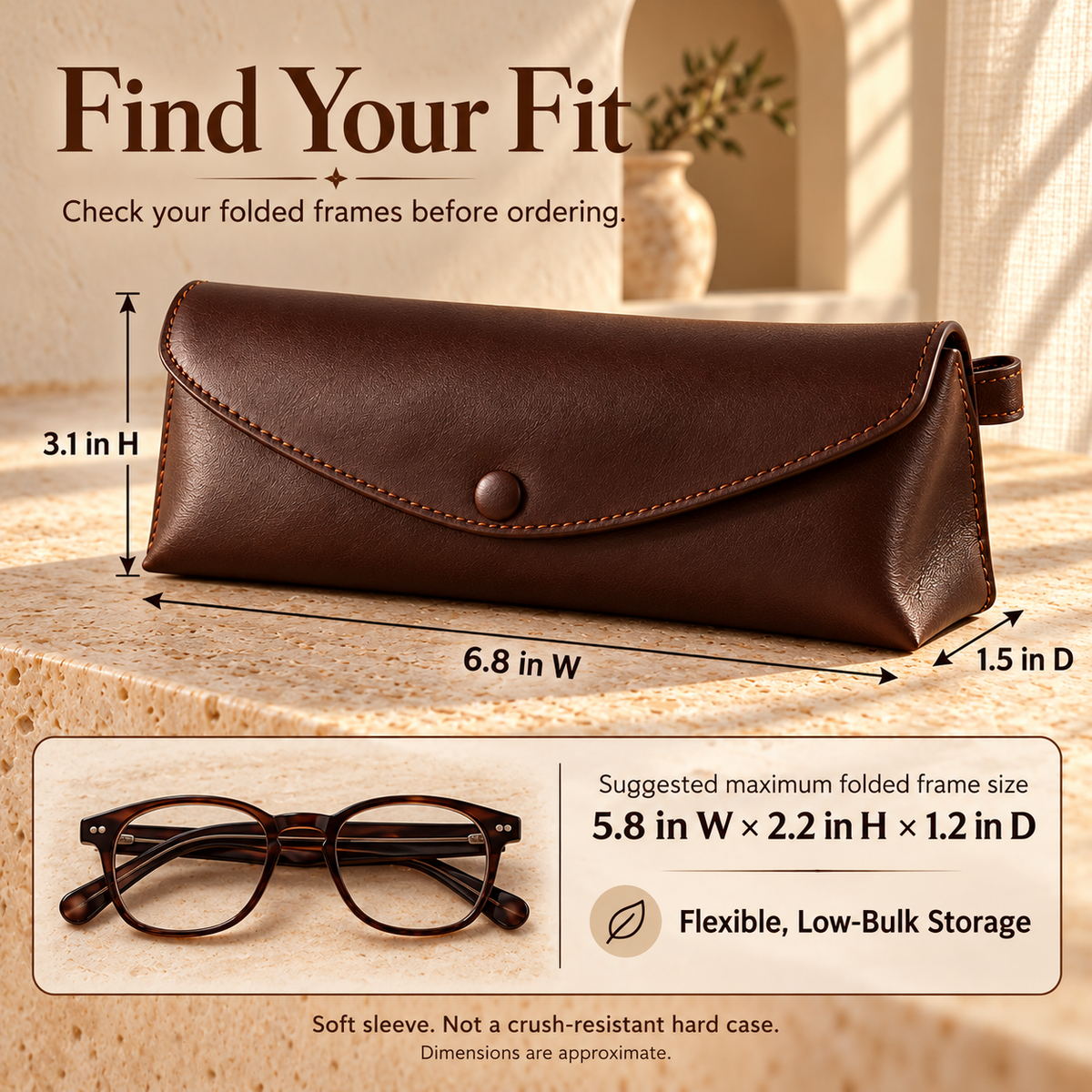 NOVEKIS™ Aven Leather Glasses Sleeve — Soft Eyeglass Case with Curved Snap Flap