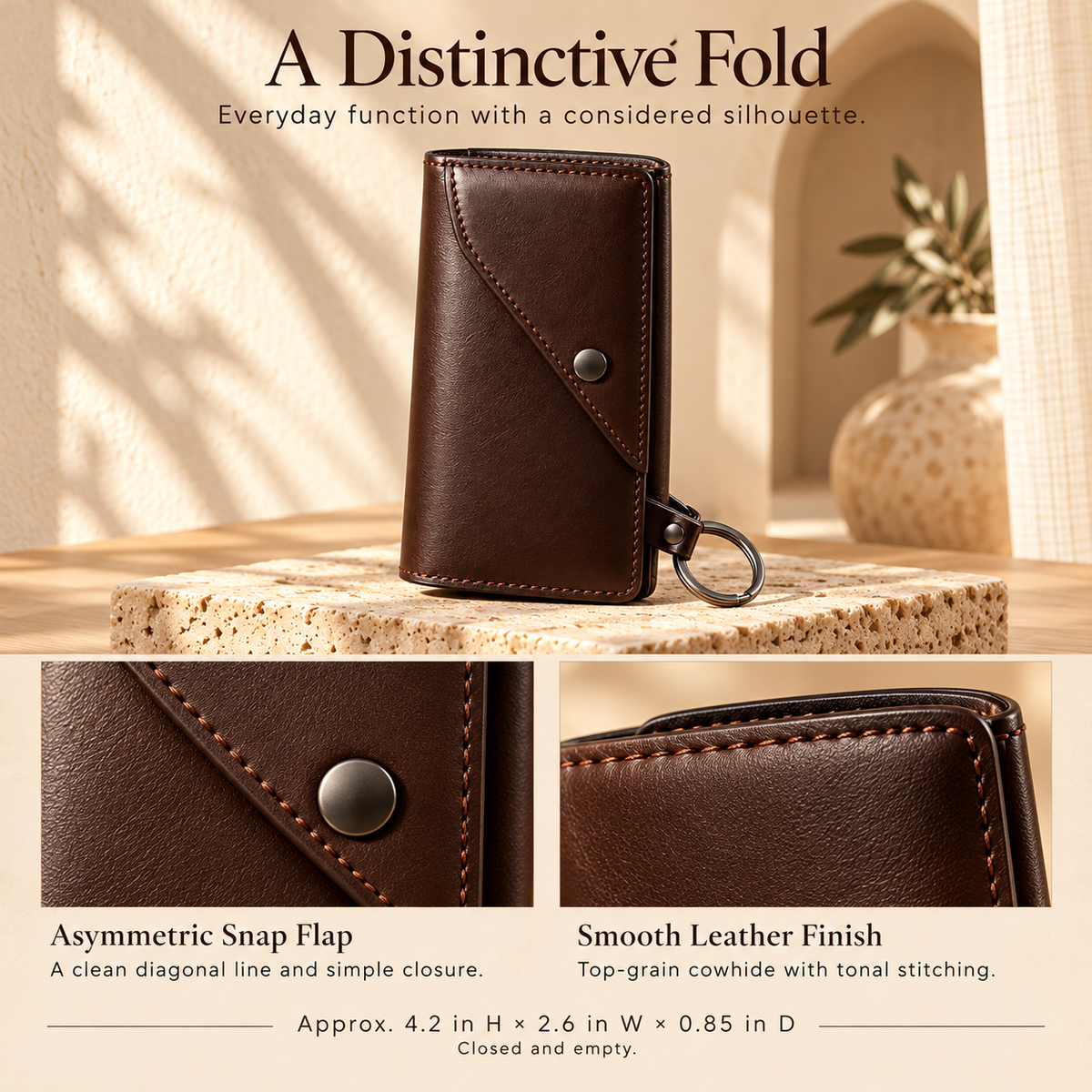 NOVEKIS™ Tern Leather Key Case — Snap Key Organizer with 4 Hooks and Detachable Ring