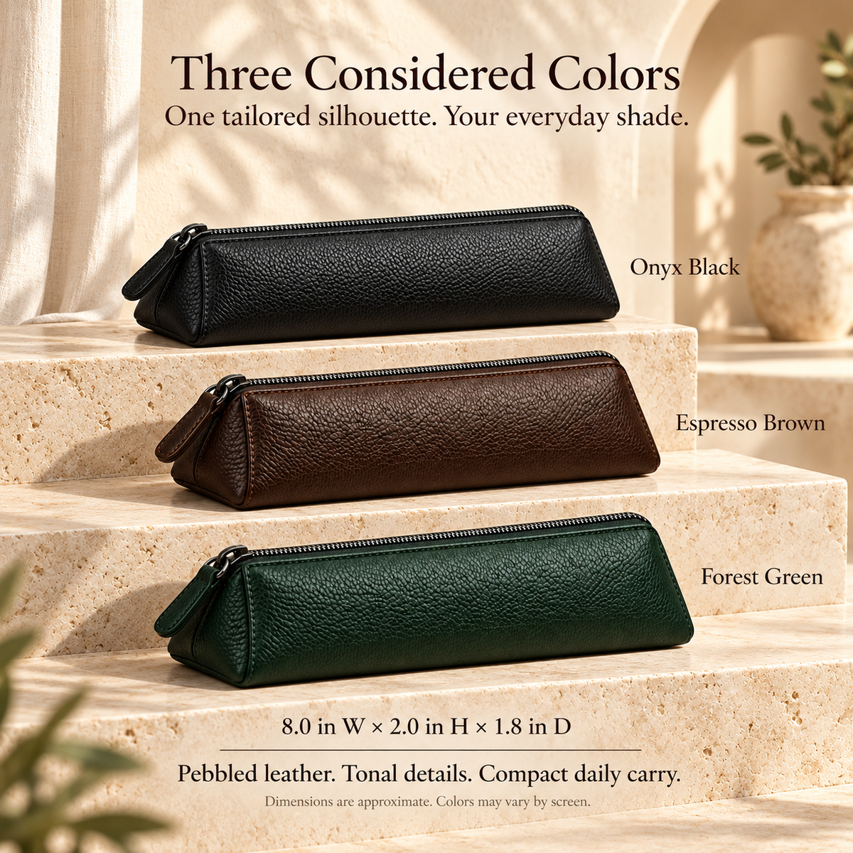 NOVEKIS™ Rill Leather Pen Pouch — Slim Zipper Pencil Case with Flat-Base Design