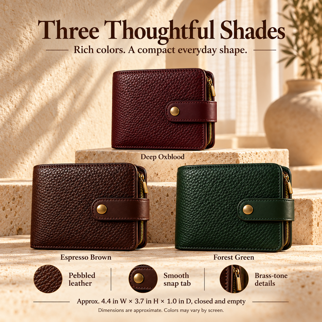 NOVEKIS™ Morrow Compact Leather Wallet — Small Bifold with Snap Closure and Coin Pocket