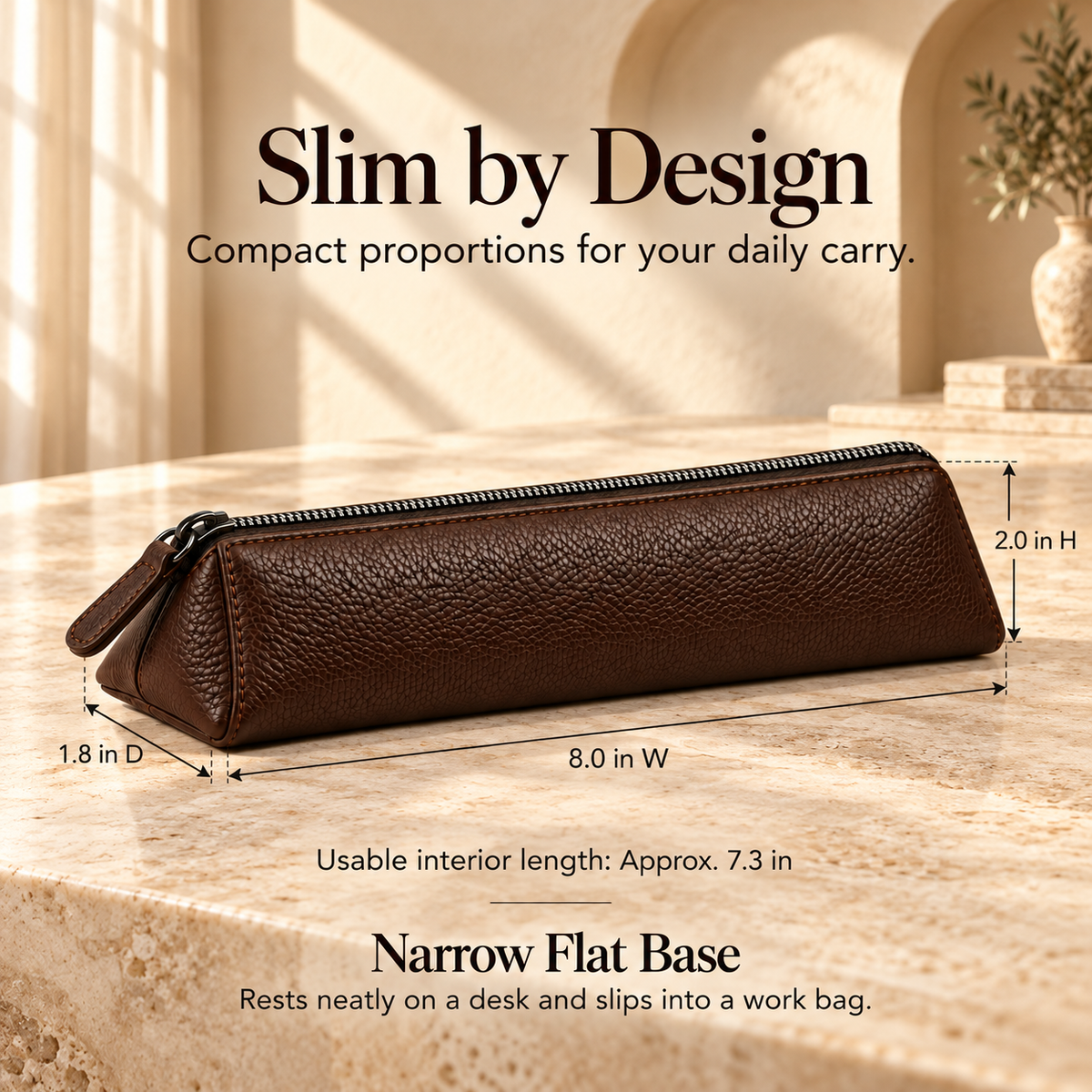 NOVEKIS™ Rill Leather Pen Pouch — Slim Zipper Pencil Case with Flat-Base Design