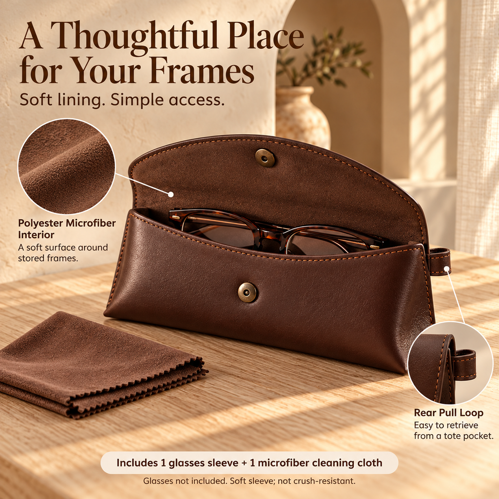 NOVEKIS™ Aven Leather Glasses Sleeve — Soft Eyeglass Case with Curved Snap Flap