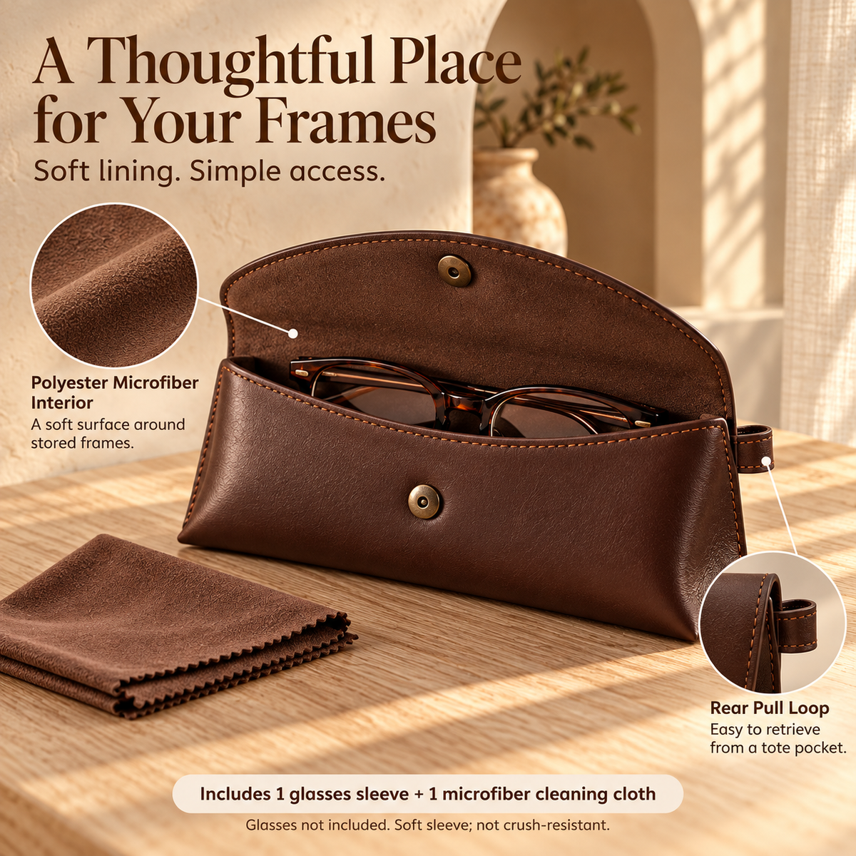 NOVEKIS™ Aven Leather Glasses Sleeve — Soft Eyeglass Case with Curved Snap Flap
