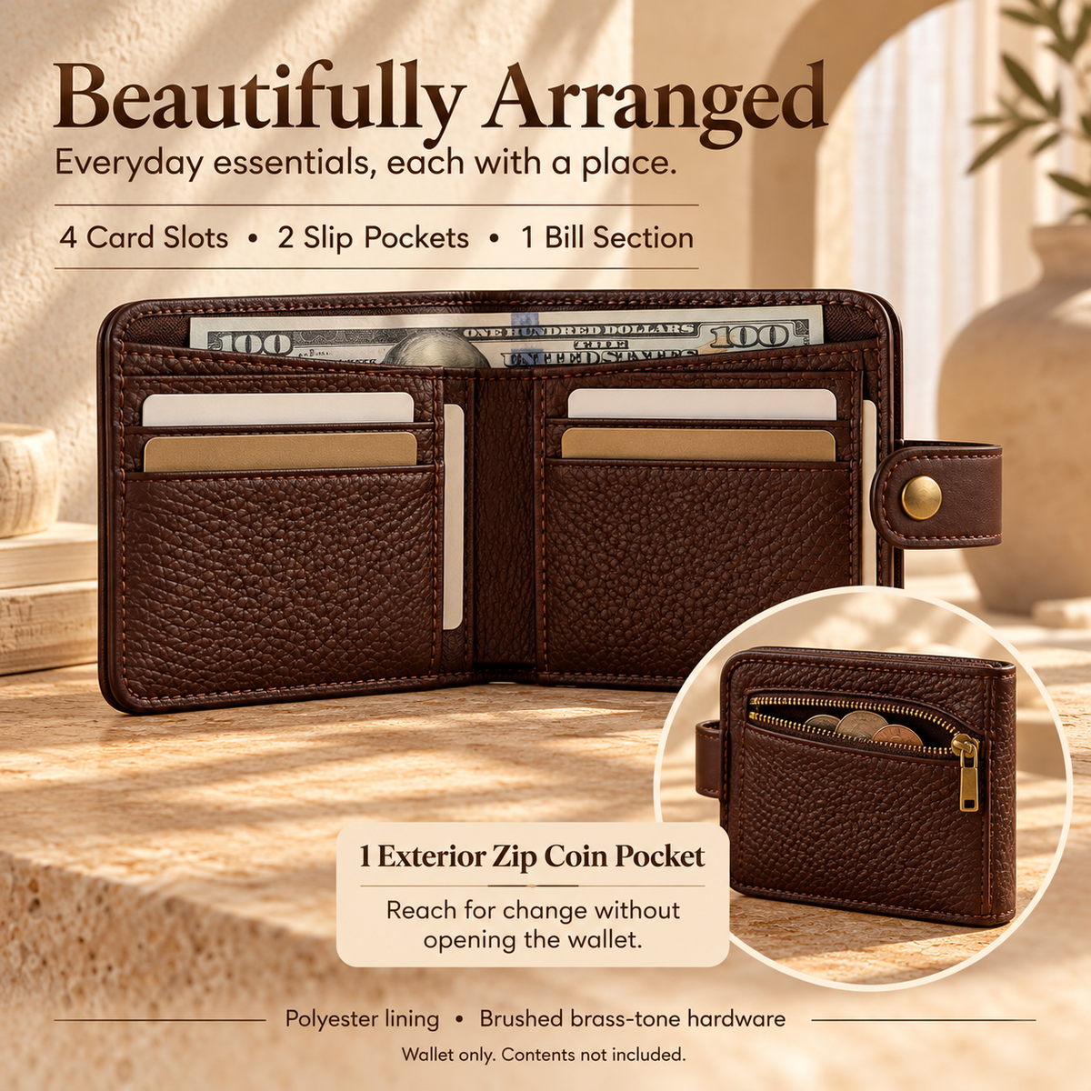 NOVEKIS™ Morrow Compact Leather Wallet — Small Bifold with Snap Closure and Coin Pocket