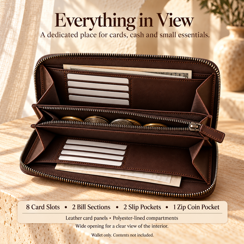 NOVEKIS™ Soren Leather Continental Wallet — Long Zip-Around Wallet with 8 Card Slots
