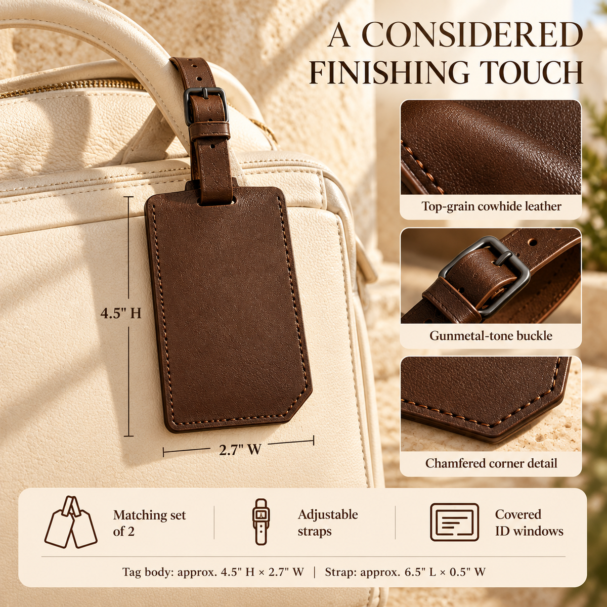 NOVEKIS™ Trace Leather Luggage Tag Set — 2 Bag Tags with Covered ID Windows