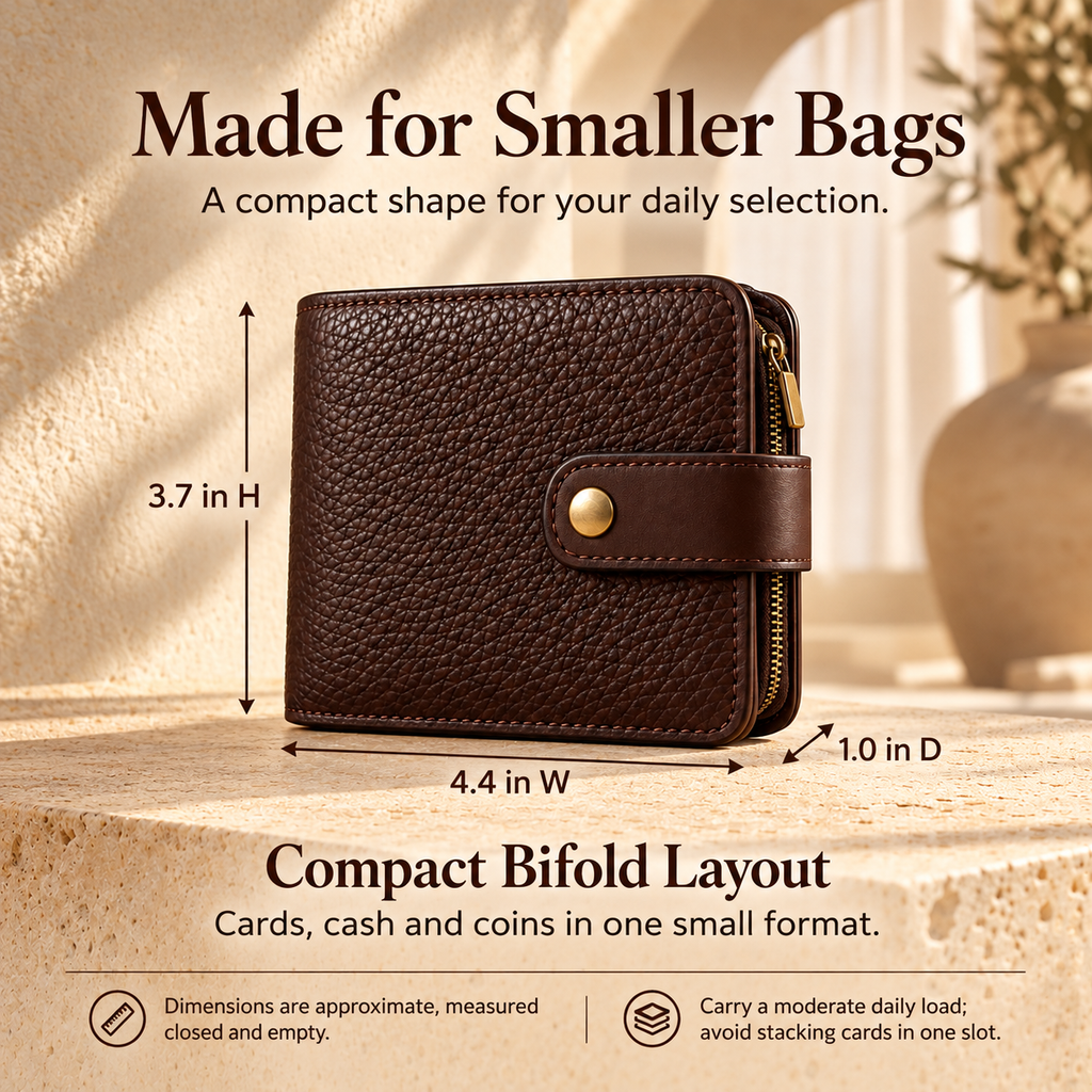 NOVEKIS™ Morrow Compact Leather Wallet — Small Bifold with Snap Closure and Coin Pocket
