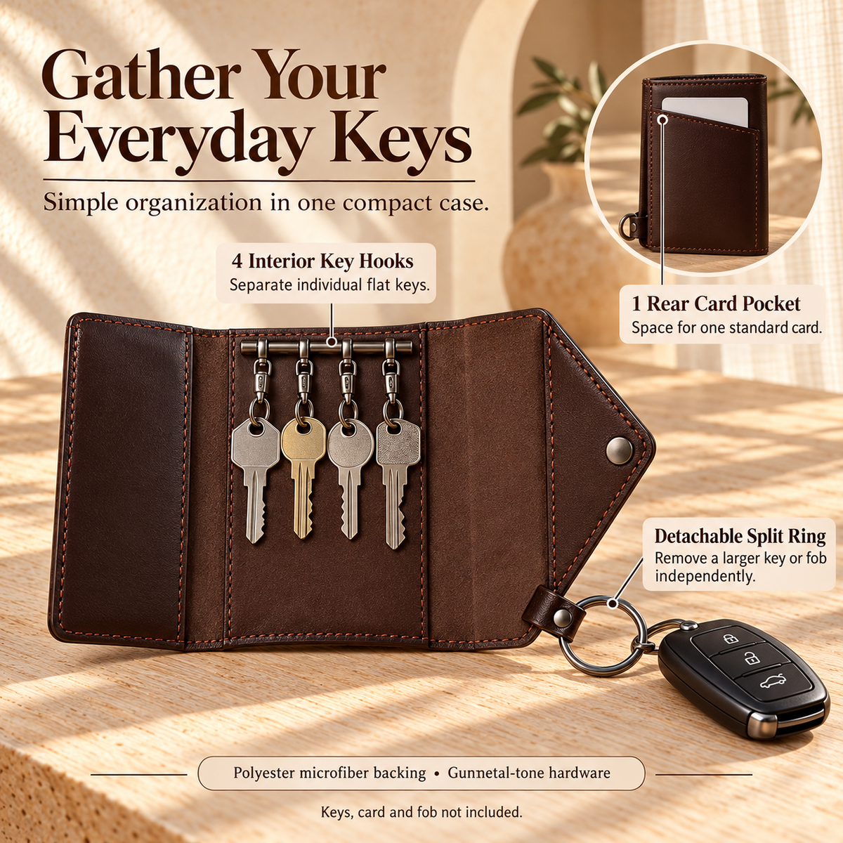 NOVEKIS™ Tern Leather Key Case — Snap Key Organizer with 4 Hooks and Detachable Ring