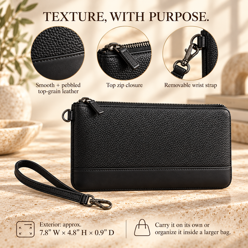 NOVEKIS™ Lorne Leather Wristlet — Slim Phone Pouch with Card Slots and Removable Strap