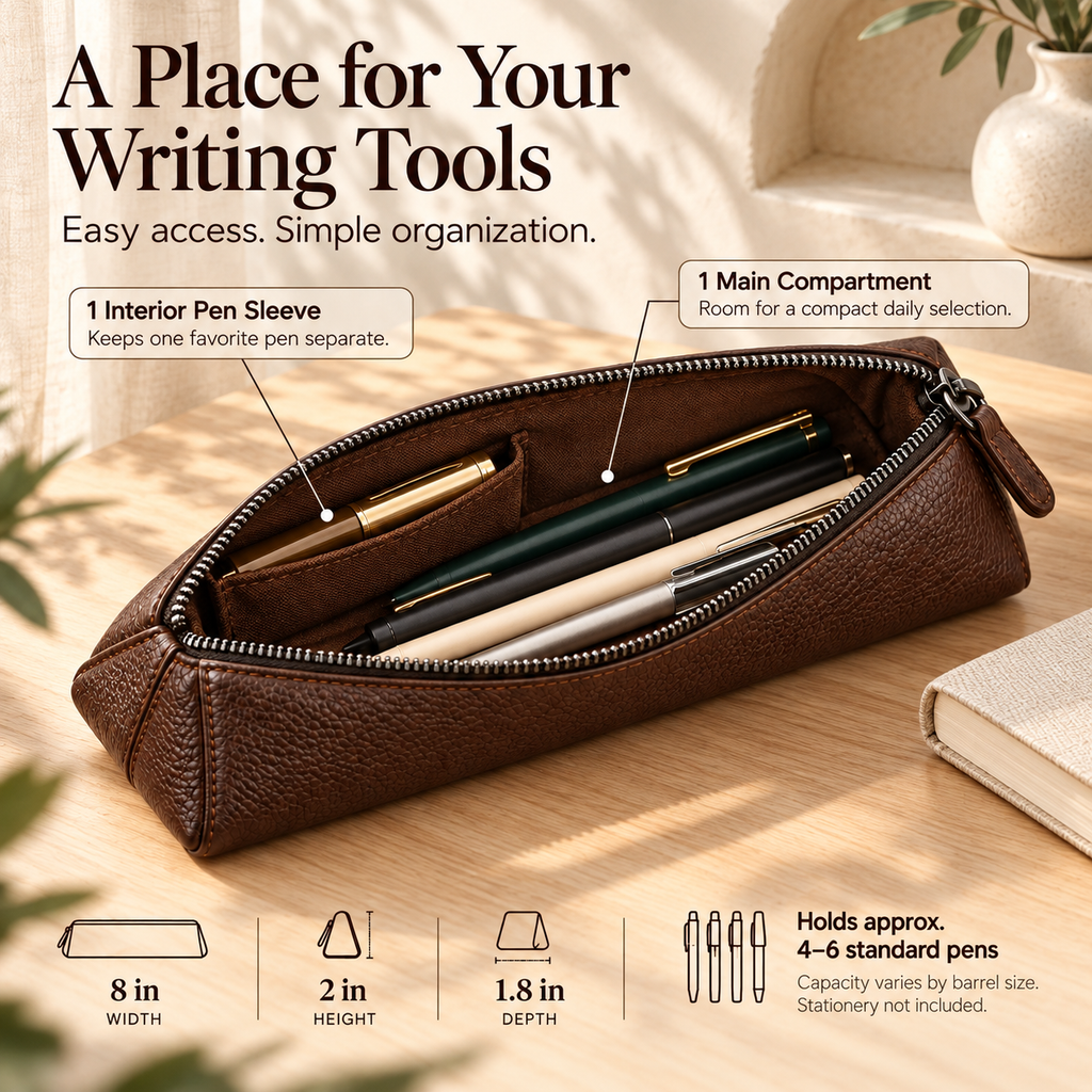 NOVEKIS™ Rill Leather Pen Pouch — Slim Zipper Pencil Case with Flat-Base Design