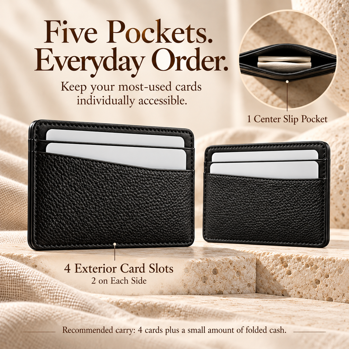 NOVEKIS™ Veyr Slim Leather Card Holder — Minimalist Front Pocket Wallet with 5 Pockets