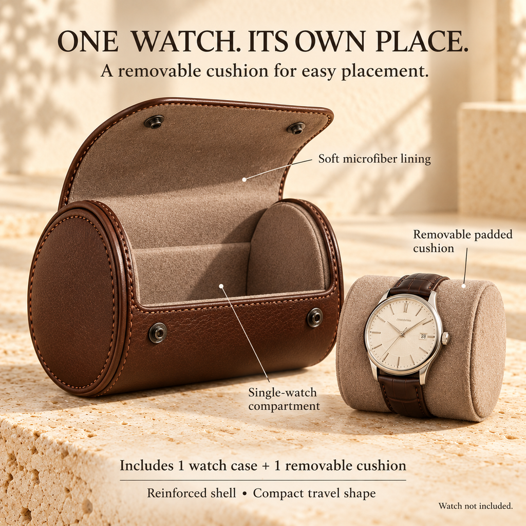 NOVEKIS™ Cask Single Watch Travel Case — Leather Watch Roll with Removable Cushion
