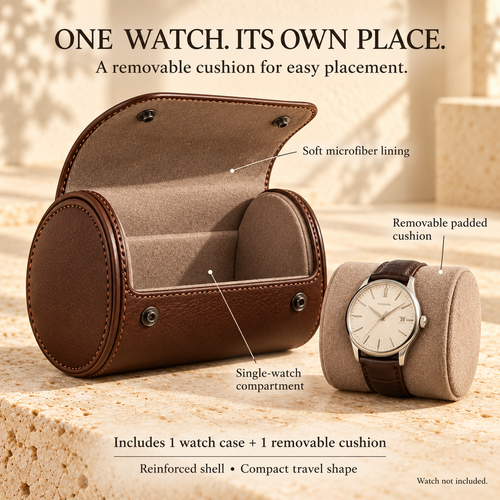 NOVEKIS™ Cask Single Watch Travel Case — Leather Watch Roll with Removable Cushion