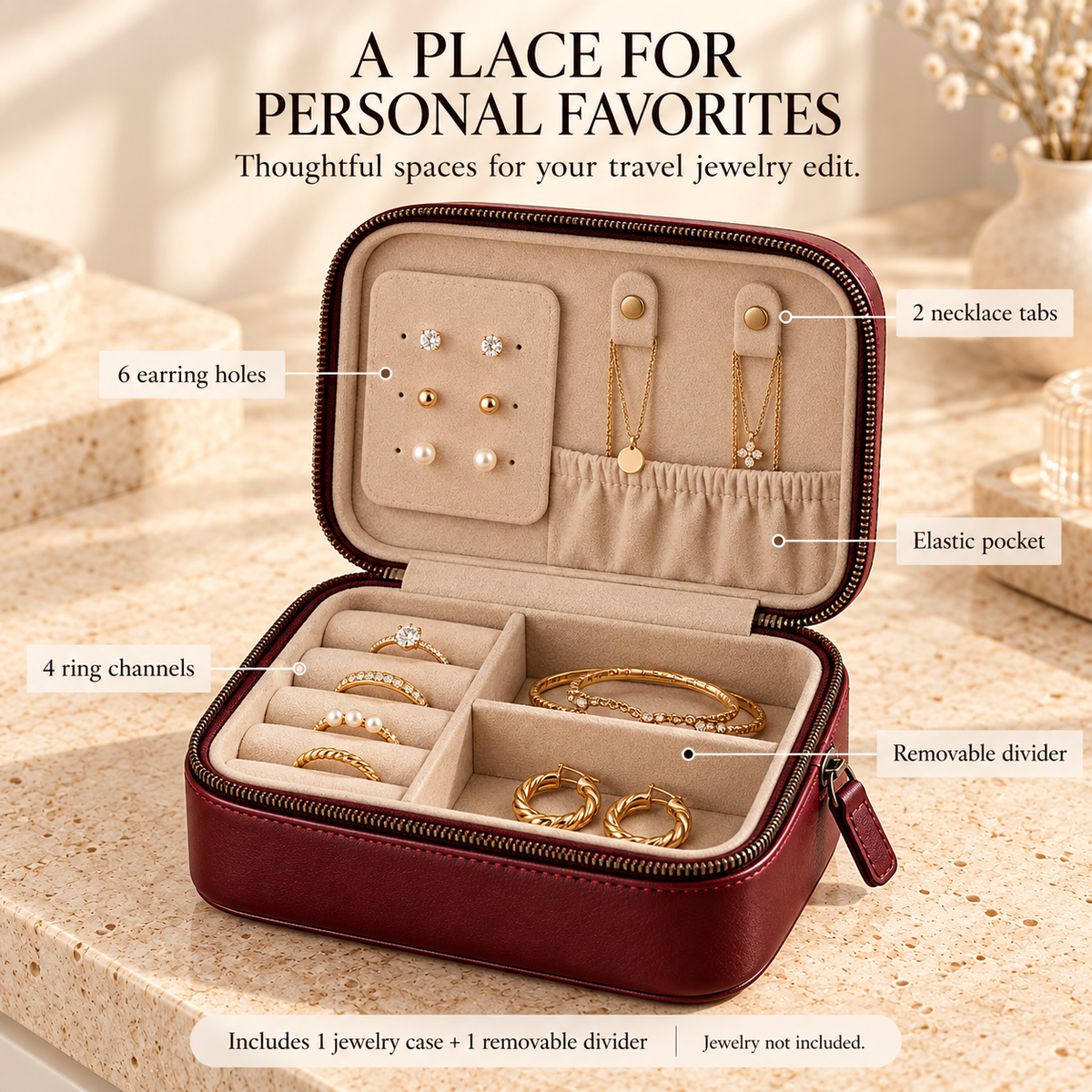 NOVEKIS™ Nera Leather Travel Jewelry Case — Compact Zip Organizer for Rings, Earrings and Necklaces