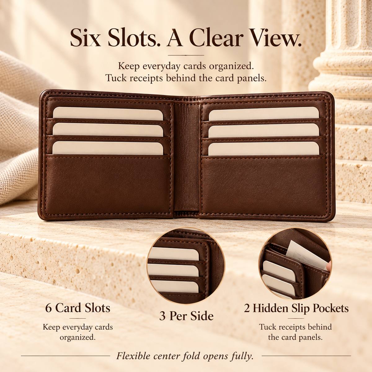 NOVEKIS™ Calder Leather Bifold Wallet — Compact Cash Wallet with 6 Card Slots