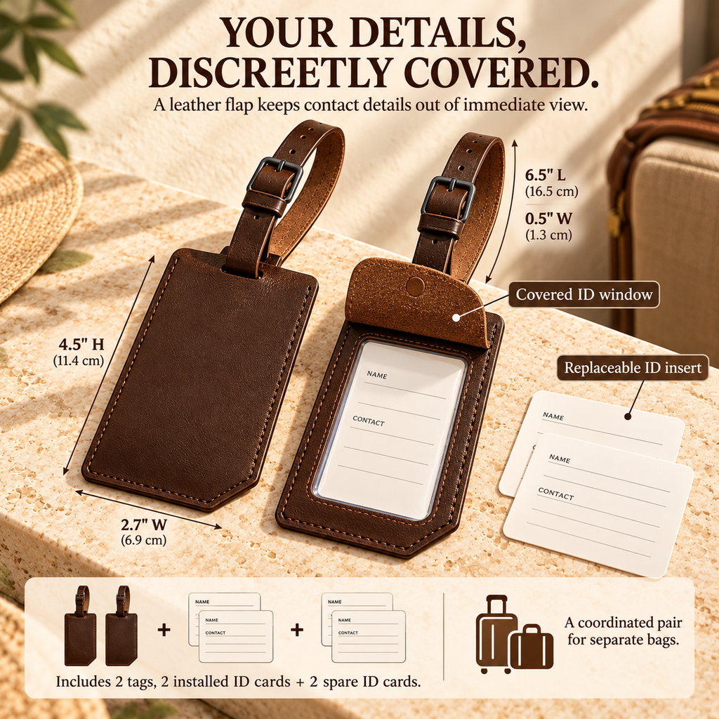 NOVEKIS™ Trace Leather Luggage Tag Set — 2 Bag Tags with Covered ID Windows