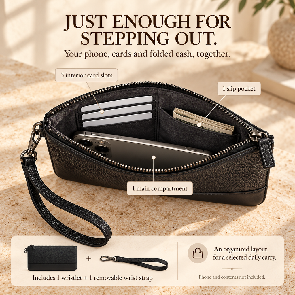 NOVEKIS™ Lorne Leather Wristlet — Slim Phone Pouch with Card Slots and Removable Strap