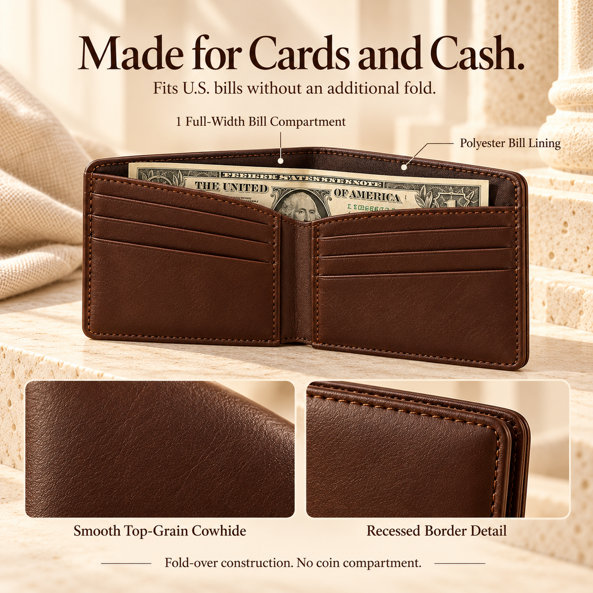 NOVEKIS™ Calder Leather Bifold Wallet — Compact Cash Wallet with 6 Card Slots