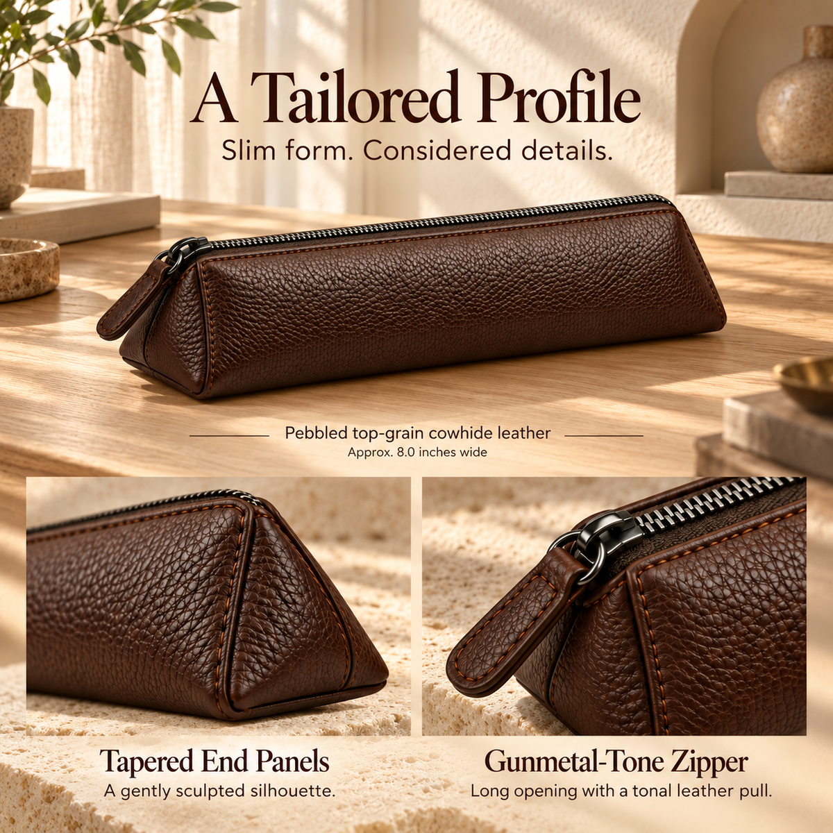 NOVEKIS™ Rill Leather Pen Pouch — Slim Zipper Pencil Case with Flat-Base Design